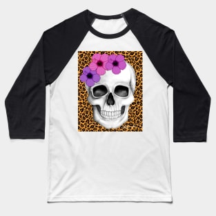 Skull With Flowers (On Leopard Print Background) Baseball T-Shirt